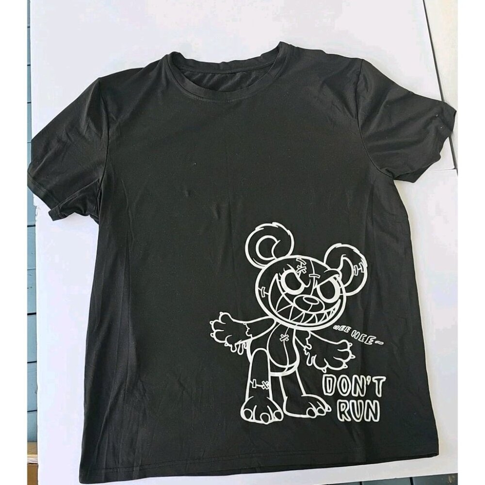 Shein Horror Teddy Bear Don’t Run T-Shirt Sz XL Black Graphic Tee